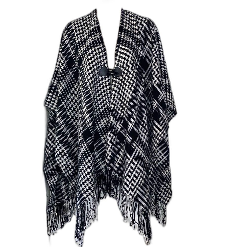 SHAWL WRAP PONCHO Houndstooth Black White Toggle Front Closure 53 x 44 inch